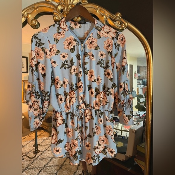 Rue21 Tops - Rue 21 Blue and Pink Floral Zipper and Drawstring Quarter Length Sleeve Blouse